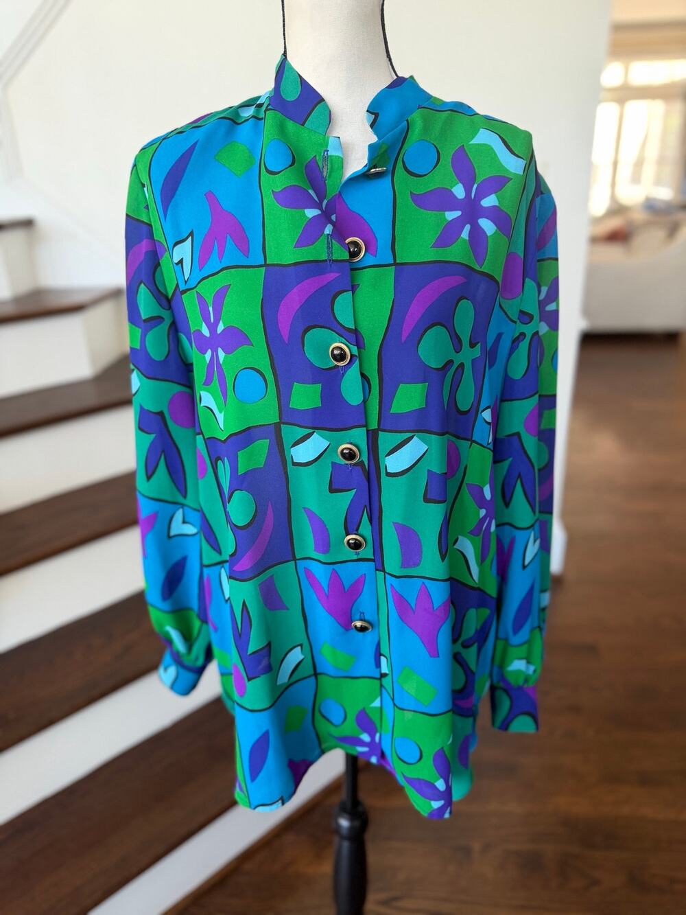 Vintage Purple Blue Green Floral Psychedelic Long Sleeve Button Blouse 70s